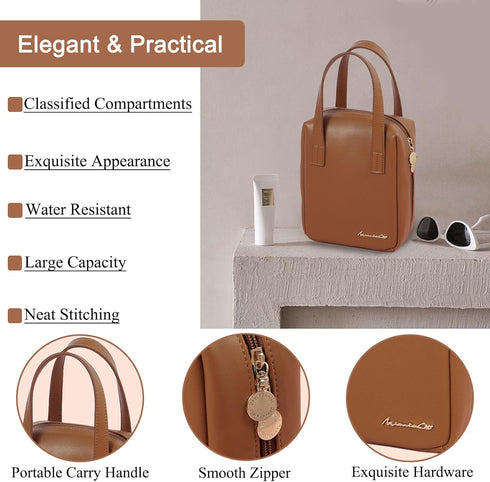 Makeup Bag Large Capacity Travel Cosmetic Bag with Handle Portable Small Cosmetics Bag for Purse Cute Makeup Storage Bag Waterproof PU Leather Mak...