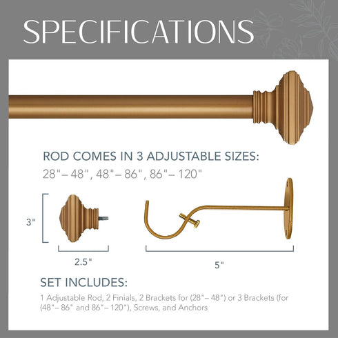 Elrene Home Fashions Florence Single Curtain Rod with Stacked Square Finials, 1" Diameter, (Soft Gold), (28X48)...