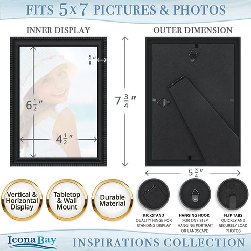 Icona Bay 5x7 Picture Frames (Black, 12 Pack), Beautifully Detailed Molding, Contemporary Picture Frame Set, Wall Mount or Table Top, Inspirations...