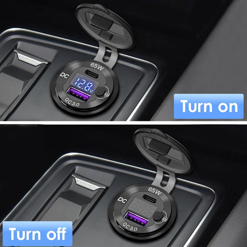 83W 12V USB Power Outlet, Qidoe Aluminum 65W PD USB-C Laptop Charger Socket and 18W QC3.0 Car USB Port with Digital Voltmeter Button Switch Smart ...