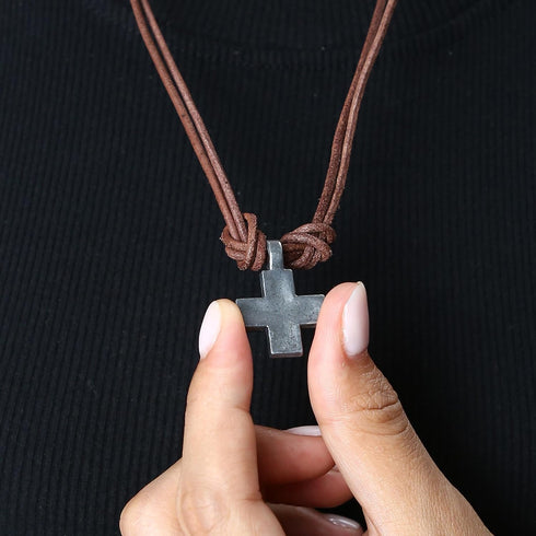 Vintage Cross Necklace Mens Jewelry Genuine Leather Rope Punk Antique Pendant Necklace Fashion Prayer Chain Choker for Women, Brown...