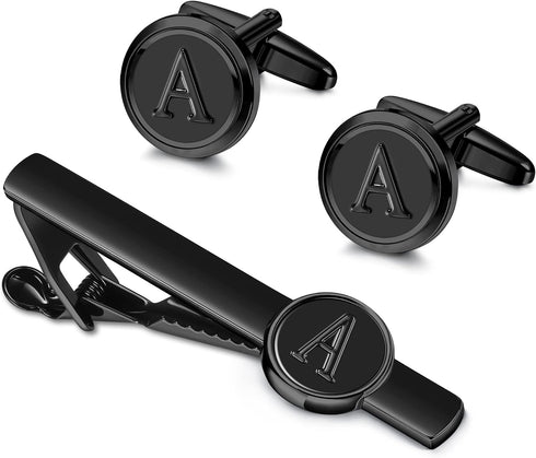 Jstyle Black Initial Cufflinks and Tie Clip Set for Men Personalized Stainless Steel Tuxedo Shirt Cuff Links and Tie Bar Letter Alphabet A-Z Gift ...