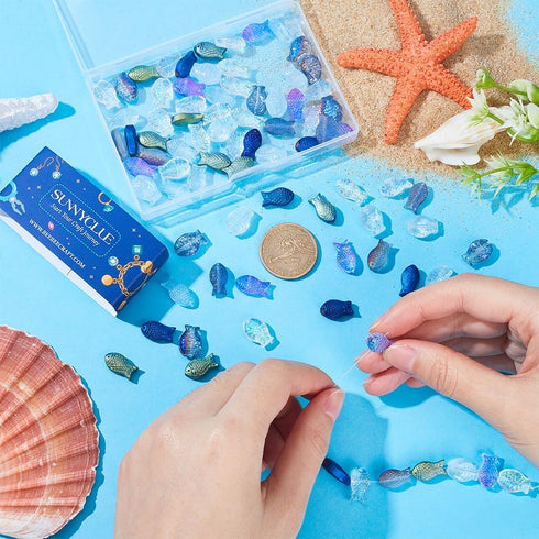 SUNNYCLUE 1 Box 90Pcs Fish Beads Fish Glass Beads Bulk Electroplated Frosted Blue Fish Animal Bead Summer Sea Ocean Animals Double Sided Loose Spa...