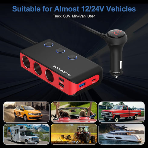 Car Cigarette Lighter Adapter, USB C Charger 30W and Quick Charge 3.0 Car Cigarette Lighter Splitter, 12V/24V Independent Switches, Fast Car USB C...