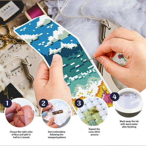 6pcs Scenery Cross Stitch Bookmark Kit DIY Beach Stamped Embroidery Bookmark Kits 8x2.4" Mountain Needlepoint Bookmark Kit with Instruction Aurora...