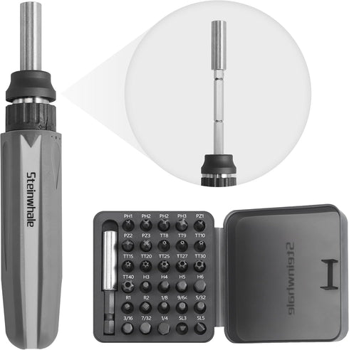 32 in 1 Ratchet Screwdriver Set with Push-Eject Extension Rod, 48-Tooth Gear Ratchet, Antislip Soft Handle, Magnetic Bit Holder, 30pcs S2 Steel Bi...