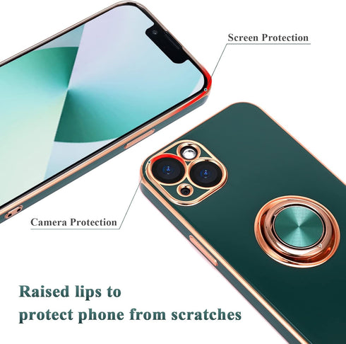 Design for iPhone 13 Case, Built-in 360° Rotatable Ring Holder Magnetic Kickstand Soft Silicone Ultra Slim Edge Plating Protective Cover 2021 6.1 ...