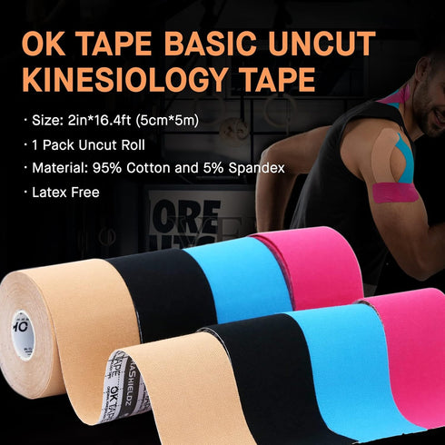 OK TAPE Kinesiology Tape, Basic Original Cotton Elastic Athletic Tape for Support and Recovery, Sports Tape Therapeutic Pain Relief, 2in×16.4ft Un...