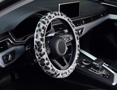 ZHOL Leopard Print Steering Wheel Cover, Universal 15 Inch Elastic Plush Softy Steering Wheel Cover for Women Girls, Winter Warm, Anti-Slip, Gray...