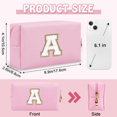 Personalized Initial Preppy Patch Makeup Bag, Small Travel Pink Cute Cosmetic Pouch Makeup Organizer Toiletry Zipper Pouch, Monogram Waterproof PU...