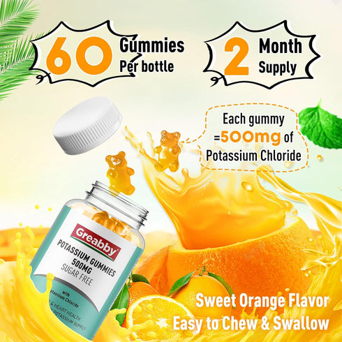 Potassium Gummies 500mg for Adults, 60 Servings, Sugar-Free Potassium Chloride Gummies, Heart Health & Muscle Relief for Women Men, Electrolyte Ba...