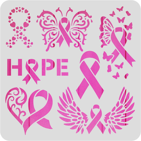 BENECREAT Ribbon Pattern Plastic Painting Stencils Templates, 12x12 inch Ribbons Wings Butterflies Heart Breast Cancer Prevention Theme Stencils f...