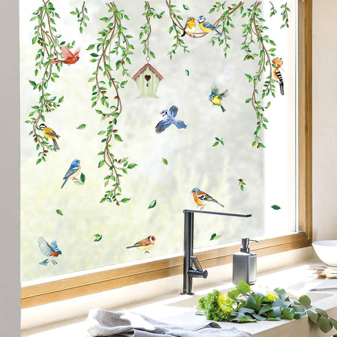 decalmile Spring Summer Hanging Green Vine Double Sided Window Clings Birds Tree Leaves Window Decals Anti-Collision Glass Window Doors Window Sti...