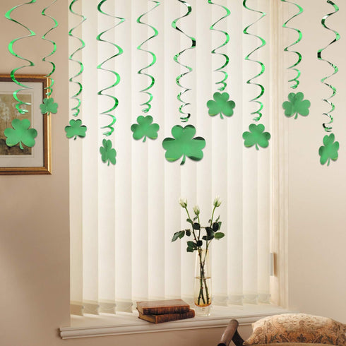 St.Patrick’s Day Hanging Shamrock Swirls Decorations(30Count), Konsait Lucky Irish Green Shamrock Foil Swirl for Home Party Ceiling Window Wall De...