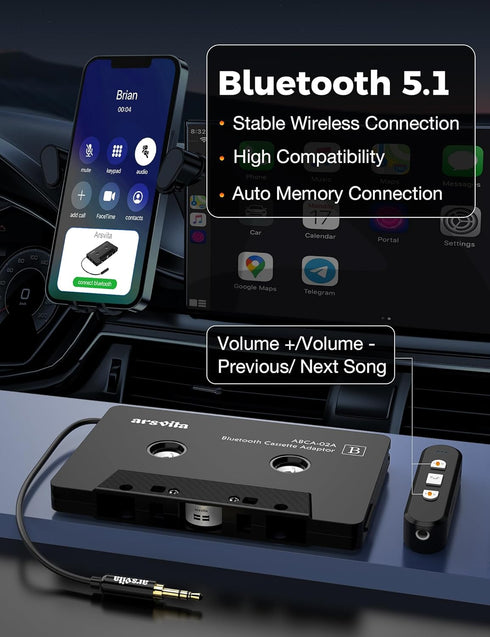 Arsvita Car Audio Cassette to Aux Adapter, 5.1 Bluetooth Receiver Kit for Cassette to Aux Adapter, Bluetooth Receiver Compatible with 3.5 MM Auxil...