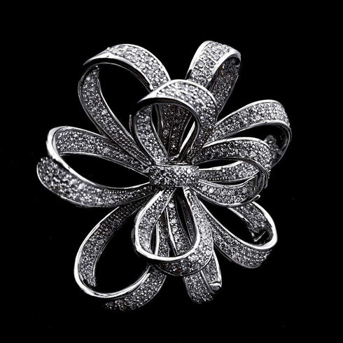 Vintage Silver Tone Micro Pave Crystal Floral Shaped Ribbon Brooch Wedding Pin Jewelry...