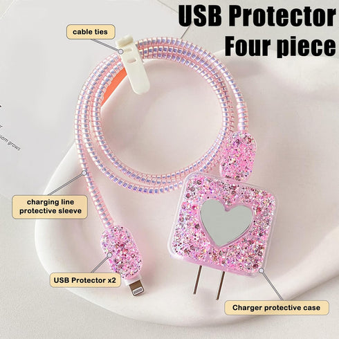 DIY Cable Protector Compatible for Apple iPhone Charger with Mirror,Cute Glitter Bling Love Heart Design,Data Line USB Case Wire Cable Saver Phone...