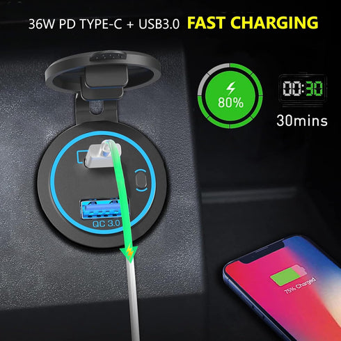 MGI SpeedWare Dual USB Port Charger Socket for Cars Boat and Trucks, 12V 24V 36W PD Type-C Socket + QC3.0 Quick-Charge, with Start Button and Blue...