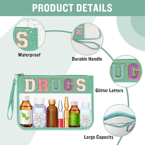 Iqimott Chenille Letter Patch Bag Clear MEDS Drugs Pouch, Preppy Portable Cosmetic Makeup Bag for Women Girls Travel, Waterproof Nylon Zipper Toil...