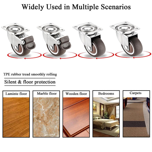 Small Caster Wheels 2 Inch Low Profile Swivel Casters with 2 Brakes, Steel Top Plate, No Noise Ball Bearing Rubber Rolling Mini Wheels for Furnitu...
