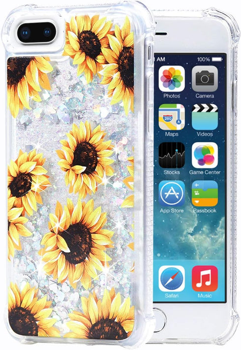iPhone 7 Plus Case, iPhone 8 Plus Glitter Floral Case Flower Bling Sparkle Floating Liquid Soft TPU Cushion Luxury Case for Girls Women Cute Case ...