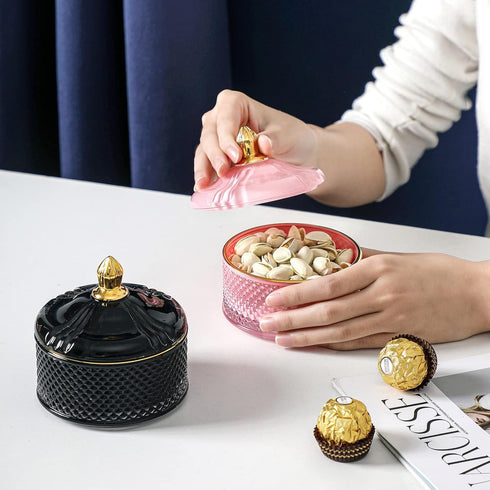 Glass Jewelry Jar Diamond Faceted Candy Storage Bowl with Lid Sugar Cans Food Container,Decorative Jewelry Box Apothecary Canisters,Kitchen Bathro...