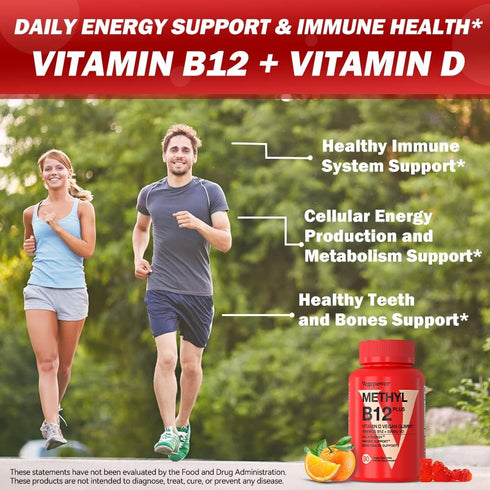 Vegan Vitamin B12 Gummies with Vitamin D - 90 Count I 1000 MCG Methyl B12 & D3 5000 IU Chewable Gummies Supplements for Adults & Kids - Supports B...