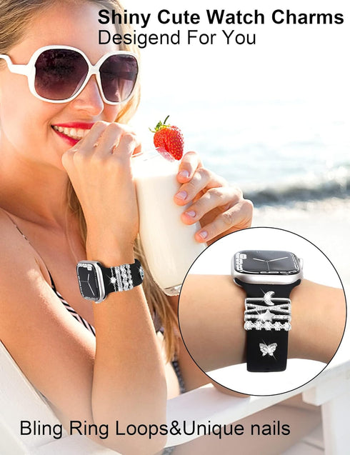 JR.DM 11-Pcs Super Bling Watch Charms with 9-Pcs Decorative Rings Loops 2-Pcs Decoration, Compatible with Apple Watch Band Metal Diamond Sliding A...