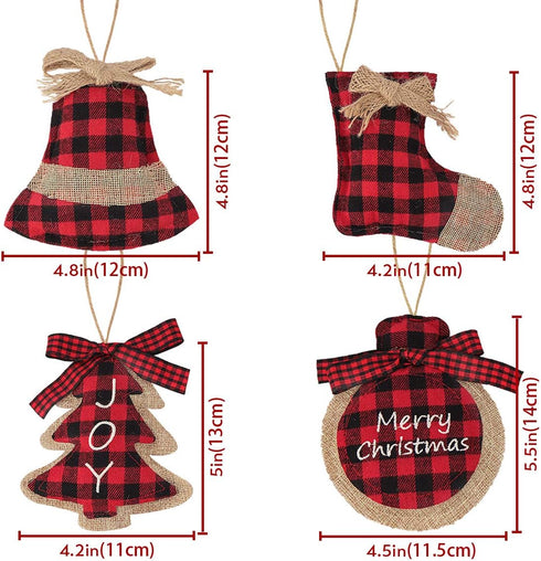 Ivenf Christmas Decorations Indoor Tree Ornaments, 8pcs Red Black Buffalo Plaid Burlap Farmhouse Xmas Ornaments, Tree Ball Bell Stocking Shaped Ru...