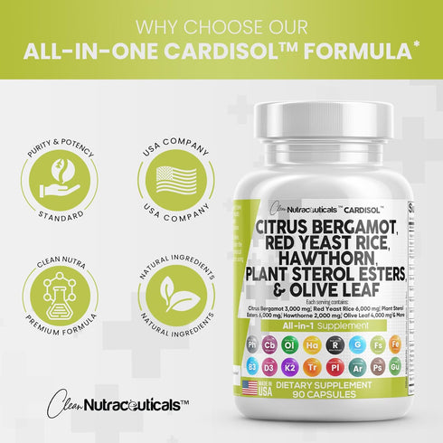 Clean Nutraceuticals Citrus Bergamot 3000mg Red Yeast Rice 6000mg Capsules with Plant Sterols 6000mg - with Hawthorn Extract Olive Leaf Niacin Vit...