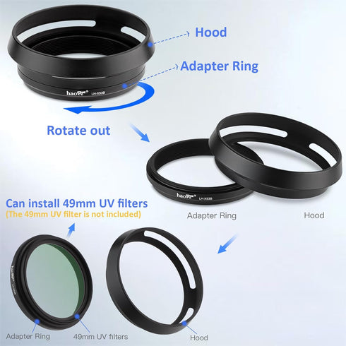 Haoge LH-X53B 3in1 Lens Hood with Adapter Ring with Cap Set for Fujifilm X100VI Fuji FinePix X70 X100 X100S X100T X100F X100V Camera Black replace...