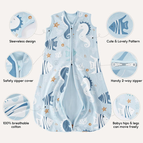 Yoofoss Baby Sleep Sack 0-6 Months 0.5 TOG Baby Wearable Blanket, 100% Cotton Infant Toddler Sleeping Sack 2-Way Zipper Lightweight Sleepsack, Sea...