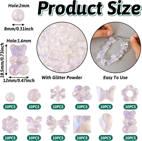 FASHEWELRY 120pcs Clear Acrylic Beads Transparent Mixed Cute Beads for Bracelets, Glitter Powder Bear Bowknot Rabbit Flower Pony Beads Bulk for DI...