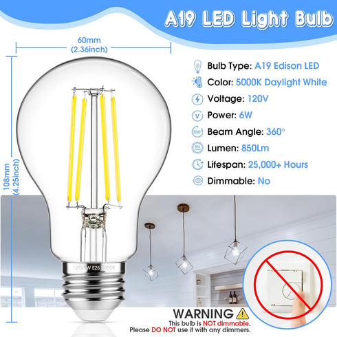 MAXvolador 60W Equivalent E26 LED Filament Light Bulbs, 850LM Daylight White 5000K LED Edison Bulb, Non-Dimmable 6W A19 LED Bulb Medium Base, 4-Pa...