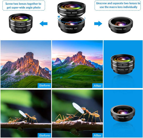 (Newest) Phone Camera Lens, 9 in 1 Lens Kit, Zoom Lens, 0.36X Wide Angle Lens + 0.63X Wide Lens + 15X Macro Lens + 20X Macro Lens + Fisheye Lens +...