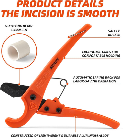 Pipe Cutter, High Performance blade Made Ratchet-type Pipe Cutter, One-hand Fast Pipe Cutting Tool for PVC PPR PE PEX Pipe and Other Plastic Pipe ...