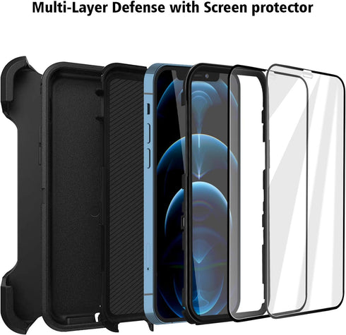 Defense iPhone 12 Case iPhone 12 Pro Case with Two Screen Protector 3 Layer Rugged Heavy Duty Cases for iPhone 12/ iPhone Pro,6.1 inch 2020 (Black...