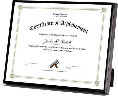 Golden State Art, 8.5x11 Aluminum Frame, Real Glass, Metal Frame for 8.5 by 11 inch Document, Certificate, Diploma. with Easel Stand (Black 1pack)...
