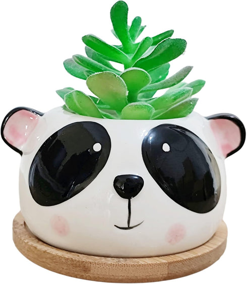 Succulent Pots,Cute Animal Panda Shaped Cartoon Ceramic Succulent Cactus Flower Planters with Bamboo Tray -Plant Not Included (4.13 Inch)...