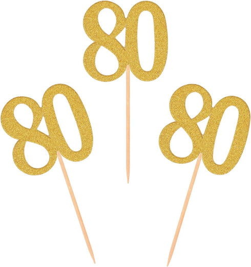 Donoter 50pcs 80th Cupcake Toppers Gold Glitter Number 80 Cake Picks for Birthday Anniversary Party Decoration...