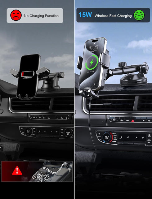 Wireless Car Charger, MOKPR 15W Fast Charging Auto Clamping Dashboard Windshield Air Vent Car Phone Holder with LED Light Car Charger for iPhone 1...