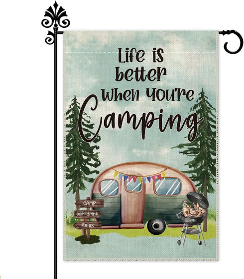 Life is Better When You're Camping Garden Flag, 12 x 18 Inch Double Sided Holiday Yard Outdoor Farmhouse Lawn Decor Flag, RV BBQ Campground Campin...