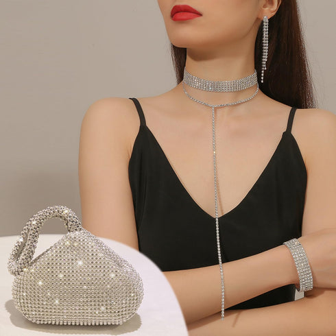 EIELO Rhinestone Jewelry Set for Women Wedding Bridal Triangle Bling Clutch Bag Glitter Choker Necklace Tennis Stretch Bracelets Ring Dangle Fring...