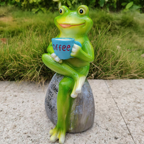 Garden Frog Statue Decoration Adorable Frog Holding Coffee Sculpture for Perfect Yard Ornament Fairy Garden Decor Resin Sculpture Cute Giftfor You...