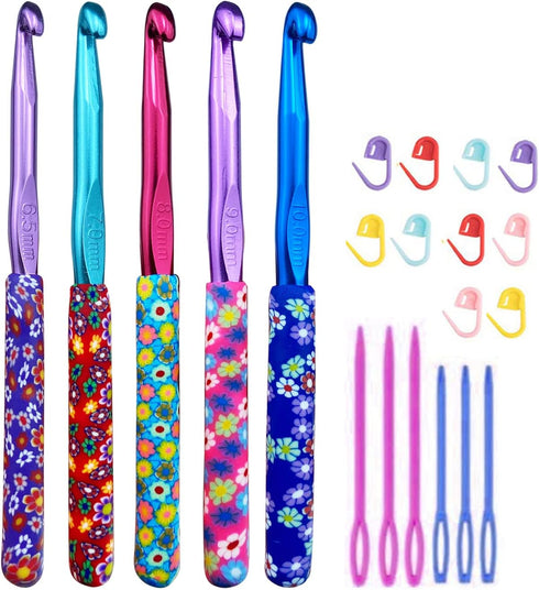 Large 5 Size Aluminum Crochet Hook Set 6.5m(K)/7mm/8mm(L)/9mm(M)/10mm(N) Knitting Needles Craft Weave Yarn Set Polymer Clay Crochet Needles for Cr...