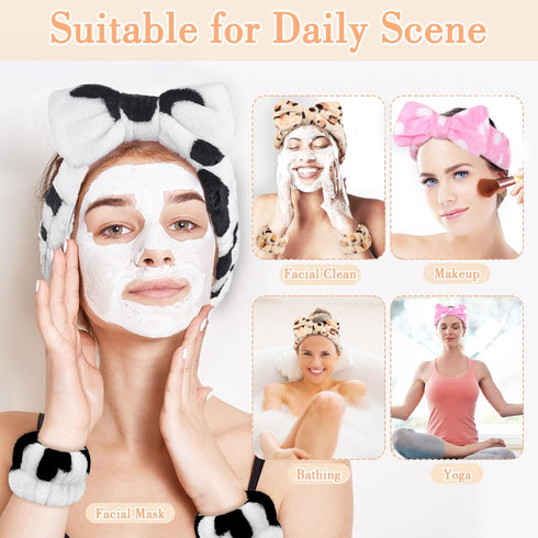 9PCS Coral Headband for Washing Face with Wristband Kit,Bowknot Makeup Headband for Women Girls, Super Soft Spa Headband with Wristband for Face W...