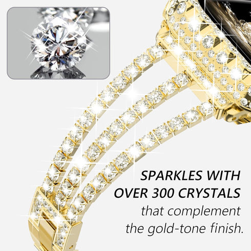 Surace Gold Apple Watch Bands 45mm for Women Series 9 8 7, Bling Diamond Rhinestone Link Bracelet with 2 in 1 Waterproof Bling Case Lace Edge Diam...