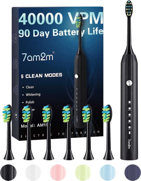 7AM2M Sonic Electric Toothbrush, Soft Toothbrushes for Adults and Kids with 6 Brush Heads, One Charge Use for 90 Days, 5 Modes with 2 Minutes Buil...