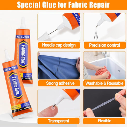 Fabric Glue Permanent, 60 ML Washable Clear Clothing Glue, Super Fabric Glue for Rhinestones, Patches, Clothes, Denim, Leather, Polyester, Fabrics...