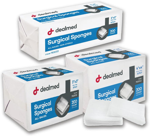 Dealmed 3" x 3" Surgical Sponges, 8-Ply, Non-Woven Absorbent Gauze Sponges for Wound Care, First Aid Kits and Medical Facilities, 200 Count (Pack ...